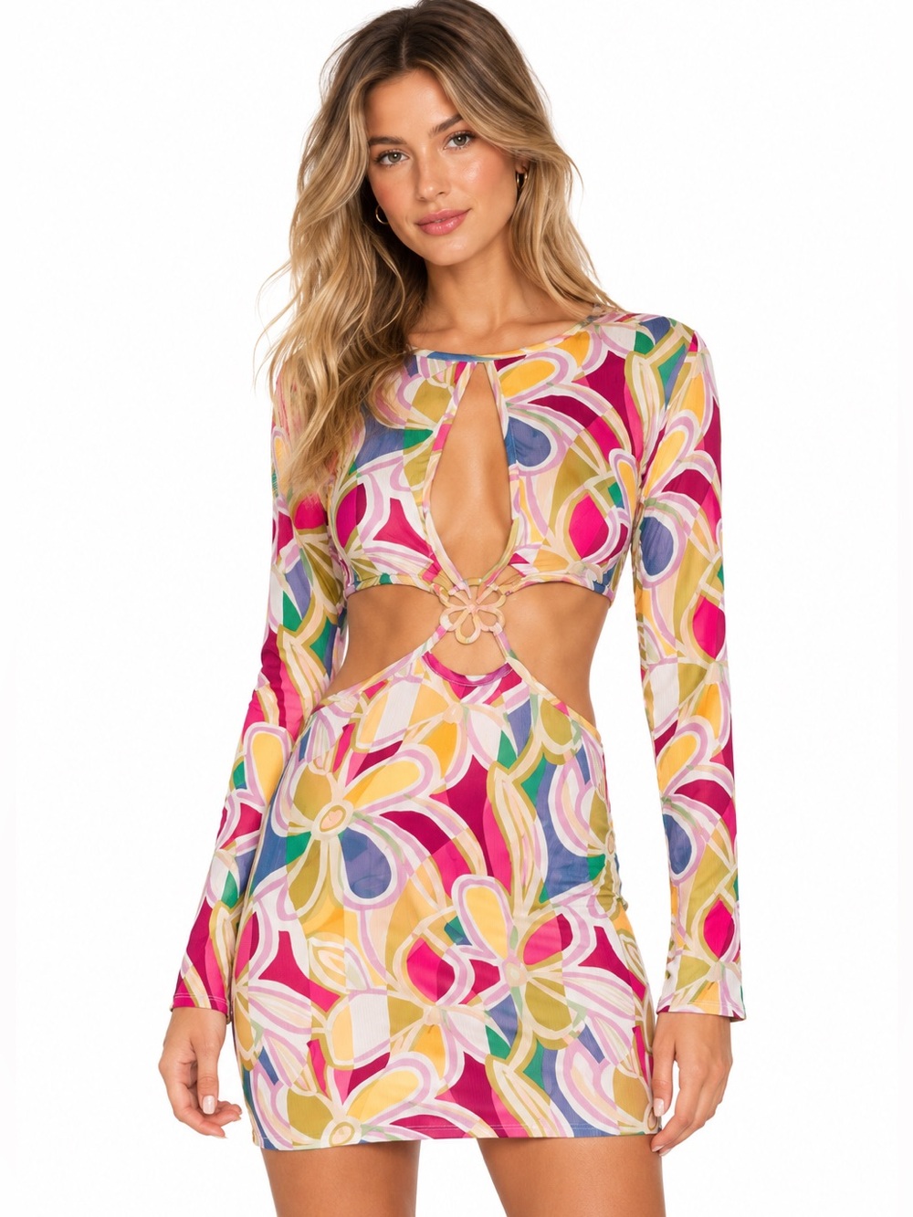 For Love & Lemons Thora Long Sleeve Floral Cutout Mini Dress Size S